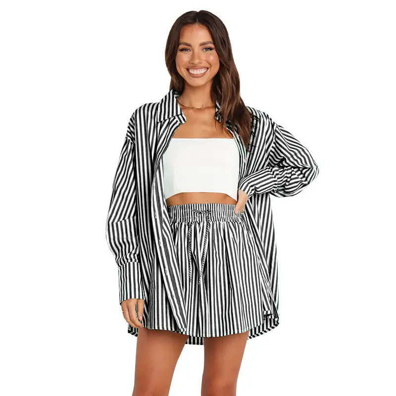 Two-Piece Set Women's Striped Print Two Piece Set, Summer Outfits 2024, Casual Drop Shoulder Shirt & Drawstring Wide Leg Shorts Summer Lounge Sets, Co-ords for Women, Ladies Summer Matching Sets Going Out Clothes, Co-ord Set Outfits, Women's Clothing 5