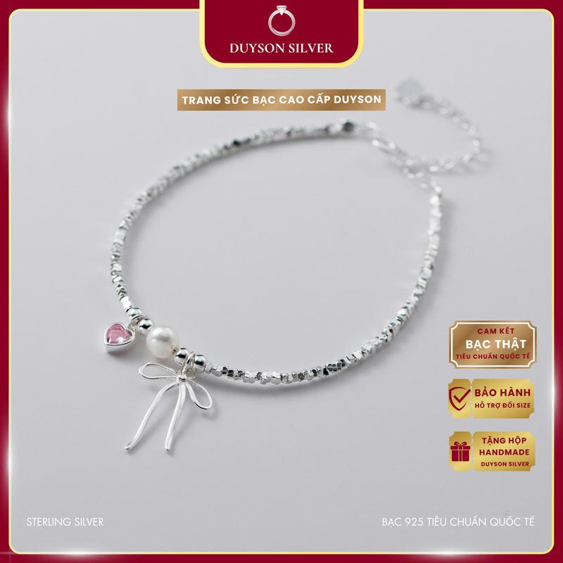 Lắc tay bạc 925 nữ hình chiếc nơ Duyson Silver, vòng tay hạt bạc đa giác mix nơ thắt và charm tim [LTKX29]