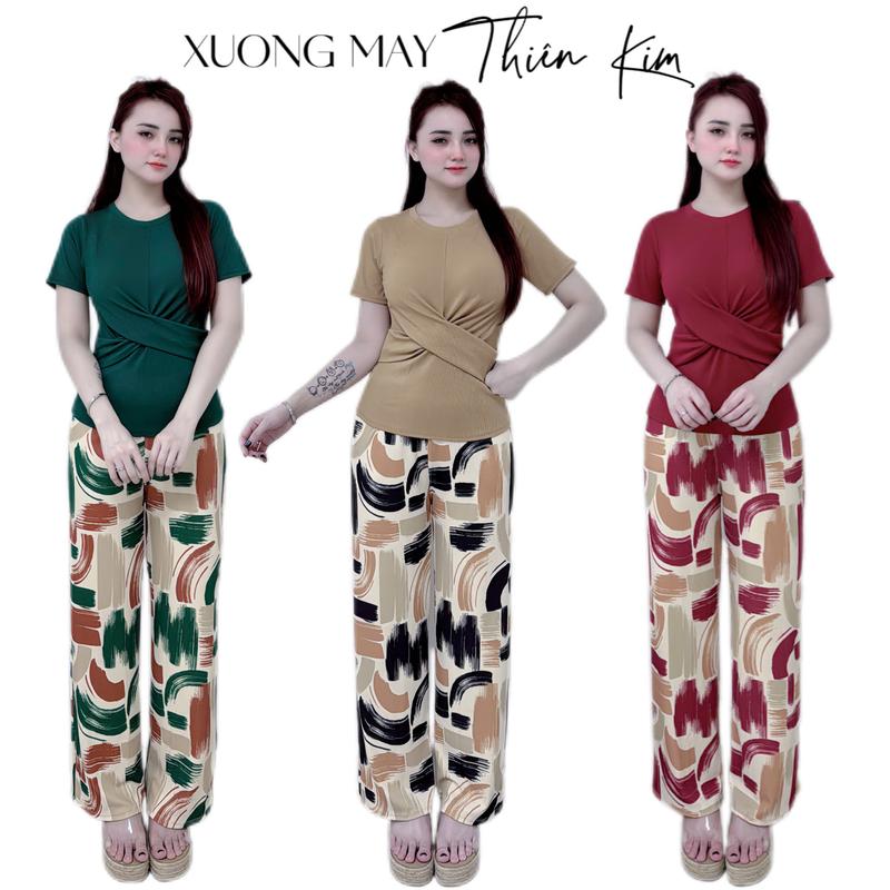 SET ĐỒ BỘ ỐNG SUÔN KÈM ÁO CỔ TRÒN TAY CỘC NHẤN EO CHẤT VẢI THUN GÂN TĂM LẠNH FUL SIZE TỪ 45KG ĐẾN 77KG