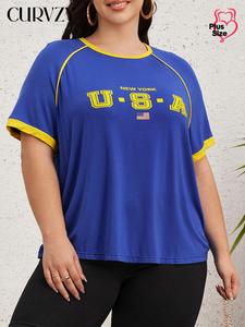 CURVZY Plus Size Letter Graphic Print Contrast Binding Tee, Casual Short Sleeve Round Neck T-shirt for Summer, Women's Clothing for Daily Wear