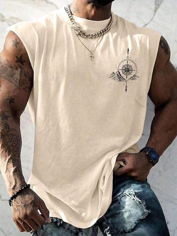 Men's Compass & Mountain Print Round Neck Tank Top, Loose Casual Sleeveless Top for Summer, Men's Clothes for Daily Wear, Tshirt 1