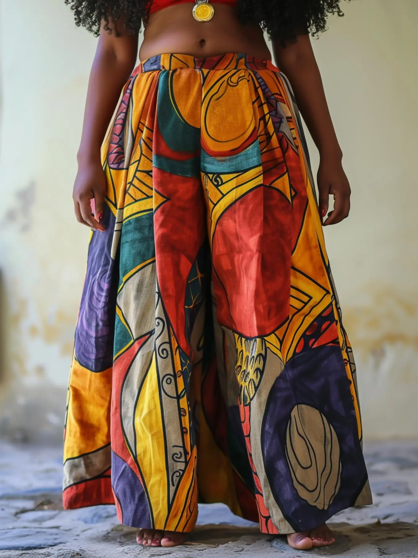 Plus Size Tribal Print Elastic Waist Wide Leg Pants, Boho Casual High Waist Trousers for Daily Holiday Vacation Wear, Women's Bottoms for Summer