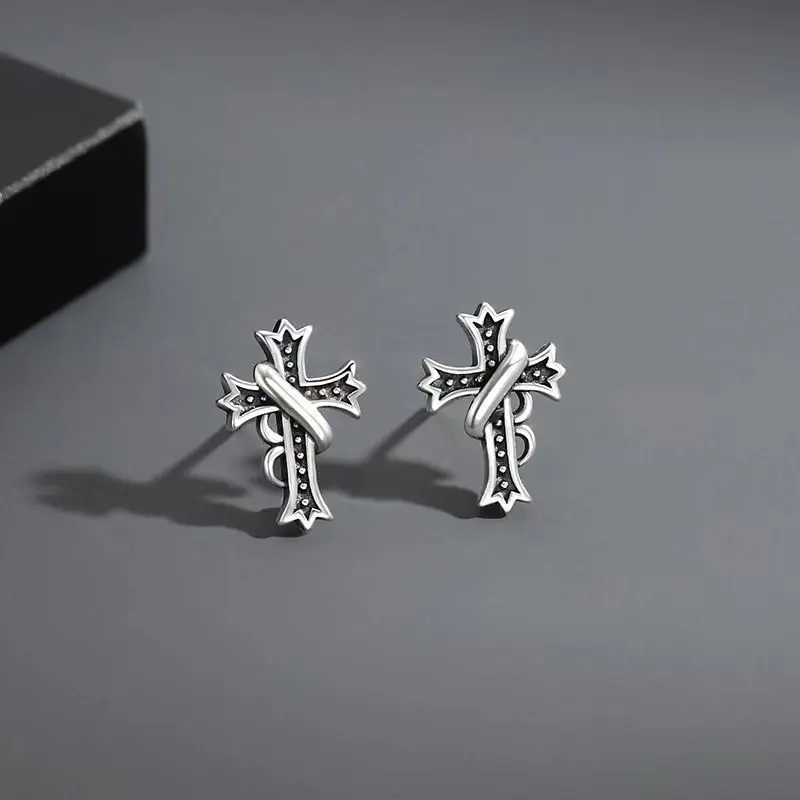 Vintage Cross Stud Earrings Men's Fashion Ins Frosty Style Earrings Fashion Personality Imitation Thai Silver Men's Single Earring