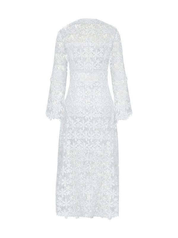 Women's Floral Lace Flounce Sleeve Dress, Elegant V Neck Long Sleeve A Line Dress for Party Holiday Wedding Guest, Ladies Clothes for All Seasons 1