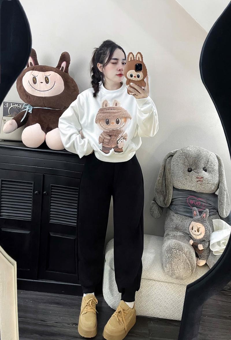 Product Introduction of Bộ Nỉ Nữ  LABUBUU Nỉ Hai Da, Áo in hình gấu, quần bo gối dày dặn , ấm áp Women 9