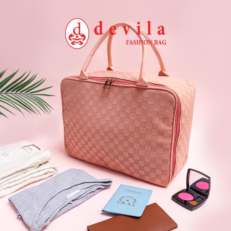DEVILA LUXURY NUDE PINK BOXES WATERPROOF TRAVEL BAG MEDIUM SIZE - Tas Koper Motif Kotak Mewah Murah Perempuan Mudik 7
