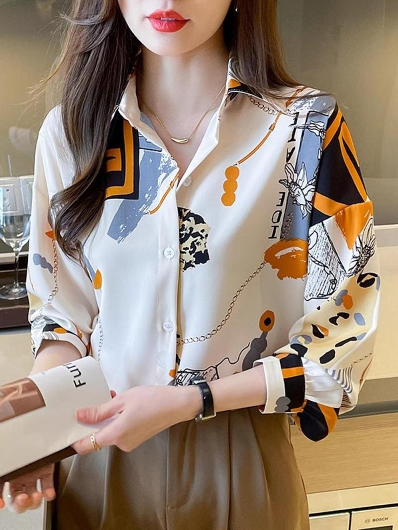 Product Introduction of Women's Chain Print Button Front Blouse, Casual Long Sleeve Collared Top for Spring & Fall, Women's Clothing for Daily Wear 1