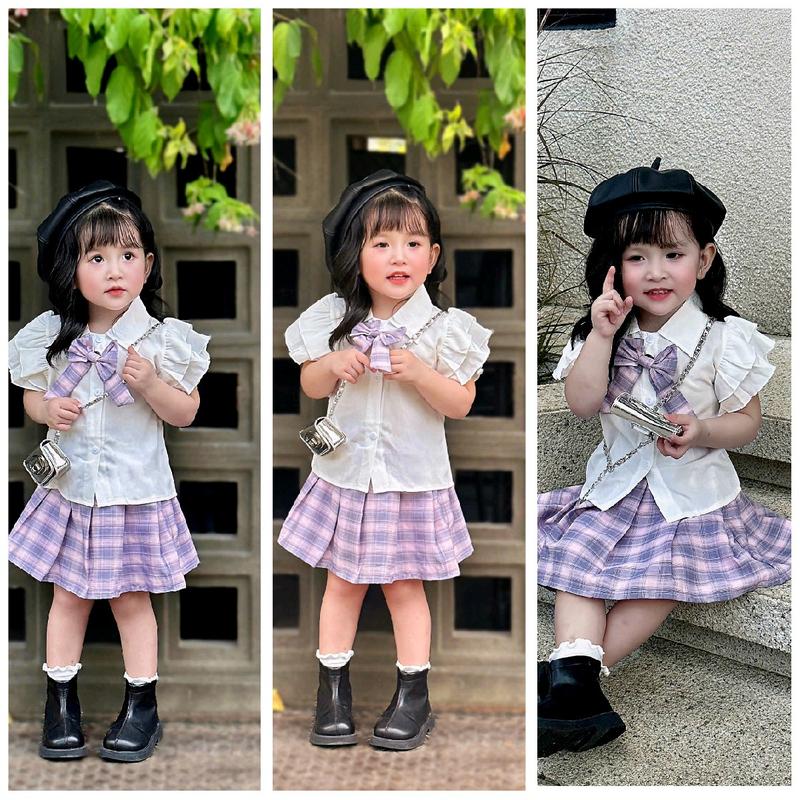 (SCVCR14)-( Nên tăng size) Bộ Sét Áo sơ mi tay bèo cánh tiên Hương Thảo + chân váy kẻ sọc xếp ly mềm mịn cho bé từ 1-10 tuổi (8-32kg)