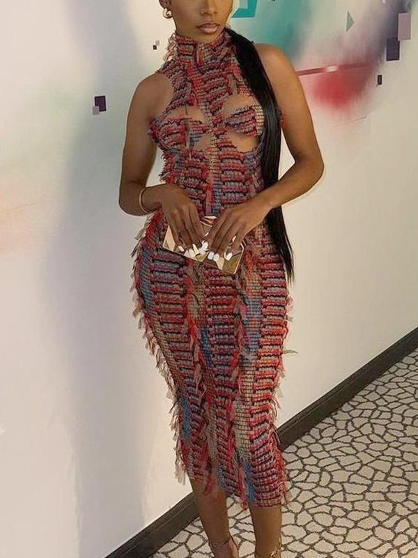 Women's All Over Print Cut Out Backless Contrast Mesh Tank Dress, Fashion Casual Ripped Mock Neck Bodycon Long Dress for Party Club Dating Wear, Ladies Dress for Summer 0