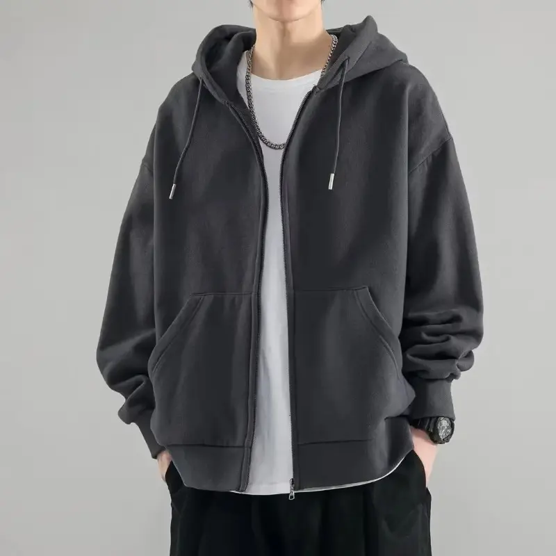 High Street Hoodie Men Retro Zip Up Long Sleeve Loose Jacket Coats Harajuku Casual Gothic Hooded Sweatshirt Y2K Streetwear Sweaters Tops Human Pullover Longsleeve Pocket Baggy