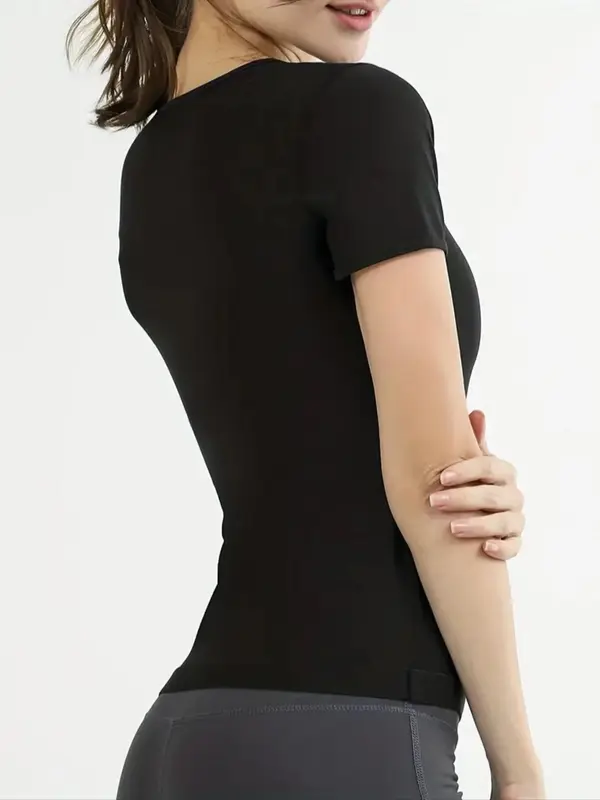 Women's Solid Round Neck Sauna Top, Summer Casual Comfortable Shaped Sports Tee for Exercise Yoga Workout Gym Top, Ladies Sportswear for Indoor Outdoor Wear 6