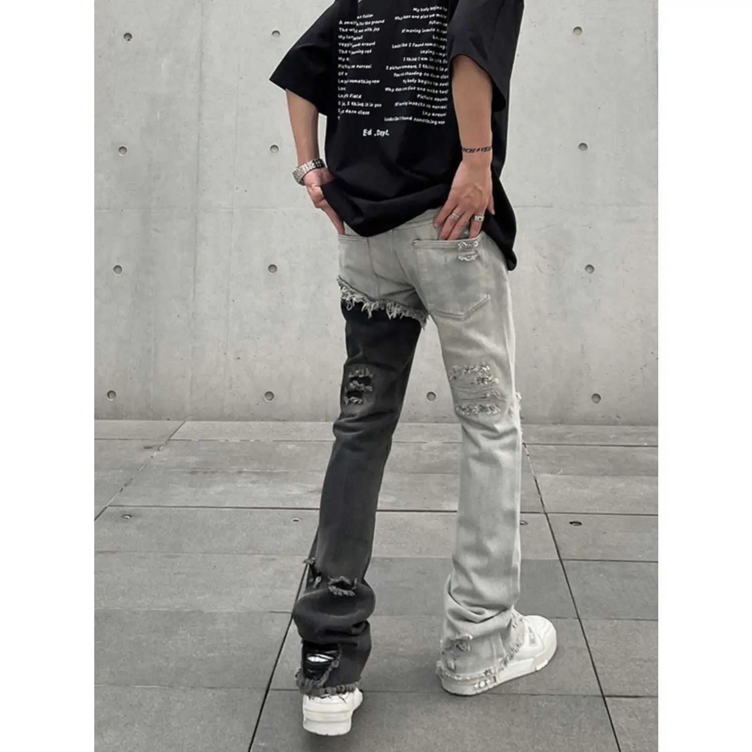 Quần jean nam ống loe thẳng, phong cách Mỹ, Hip Hop, High Street Vibe, rách, sờn rách, màu tương phản, chắp vá, Thương Hiệu Thời Trang, Đen Menswear