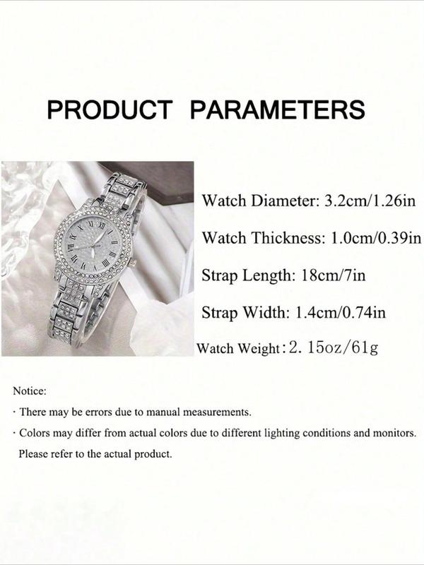 Women's Elegant Rhinestone Decorated Quartz Watch & Jewelry Set, Including Round Dial Watch & Bracelet & Ring & Pendant Necklace & Stud Earrings, Fashion Watch Set for Party, Daily Decor, without Box 1