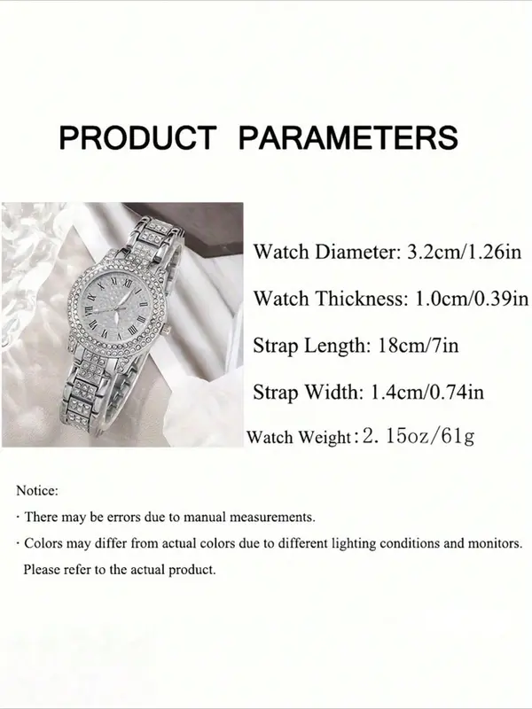 Women's Elegant Rhinestone Decorated Quartz Watch & Jewelry Set, Including Round Dial Watch & Bracelet & Ring & Pendant Necklace & Stud Earrings, Fashion Watch Set for Party, Daily Decor, without Box 1