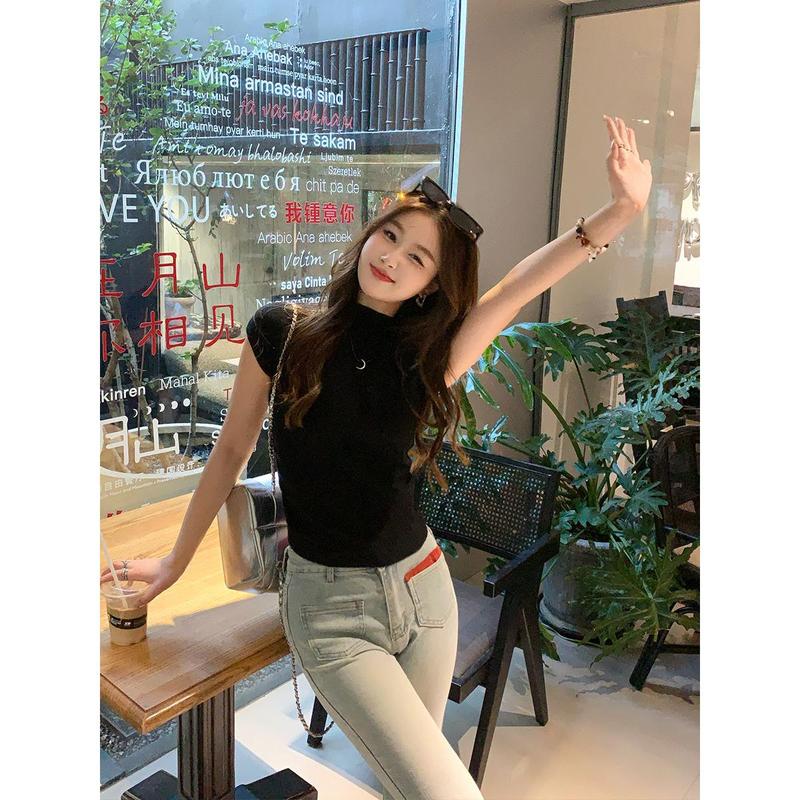 Áo Phông ngắn Tay Áo Màu Hồng, Vai Nữ Mùa Hè, Phong Cách Sang Trọng Pháp, Thiết Kế Độc Đáo Đẹp Mắt, Độc Đáo, Mỏng Vừa Vặn, Dễ Phối Đồ Áo Dệt Kim 3
