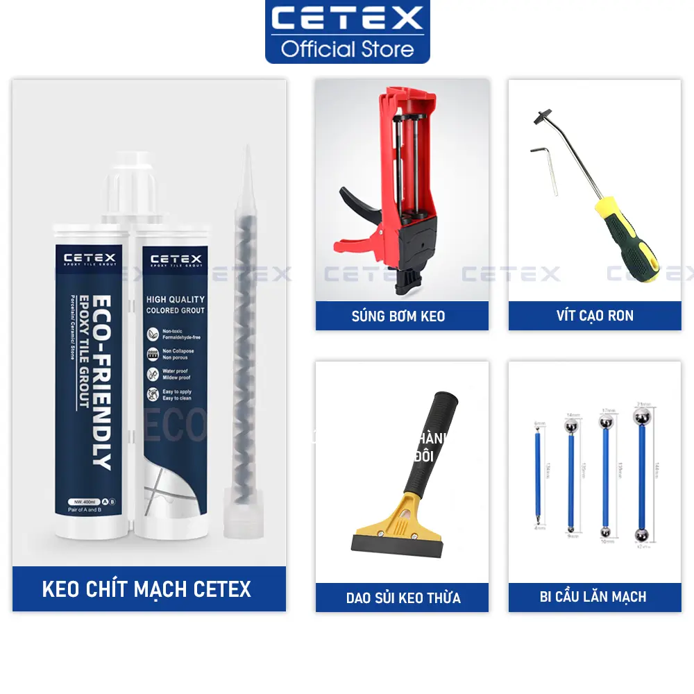 Combo thi công keo chà ron Cetex , keo chít mạch epoxy 2 thành phần chống thấm bám bẩn, nấm mốc