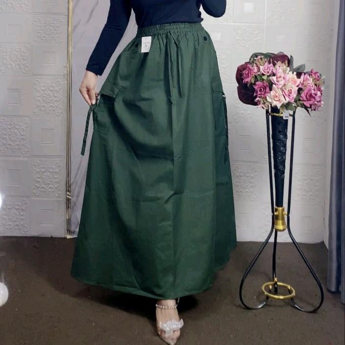 Zilka Rok Panjang Wanita Cargo Katun Jumbo A-Line Maxi Serut Tebal Dengan Saku Samping Nyaman Formal 4