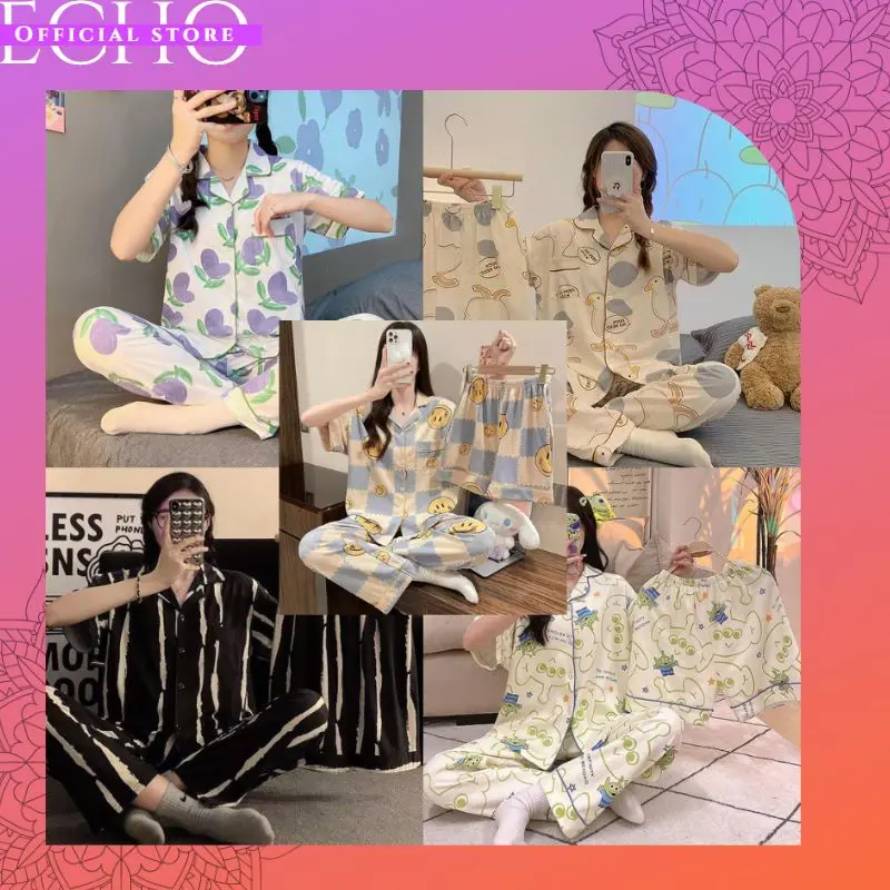 ECHO B22 - PAKAIAN WANITA BAJU TIDUR 3 IN 1 WANITA PIYAMA SET LENGAN PENDEK CELANA PANJANG DAN PENDEK MOTIF KARTUN LUCU SETELAN TIDUR PAKAIAN RUMAH WANITA