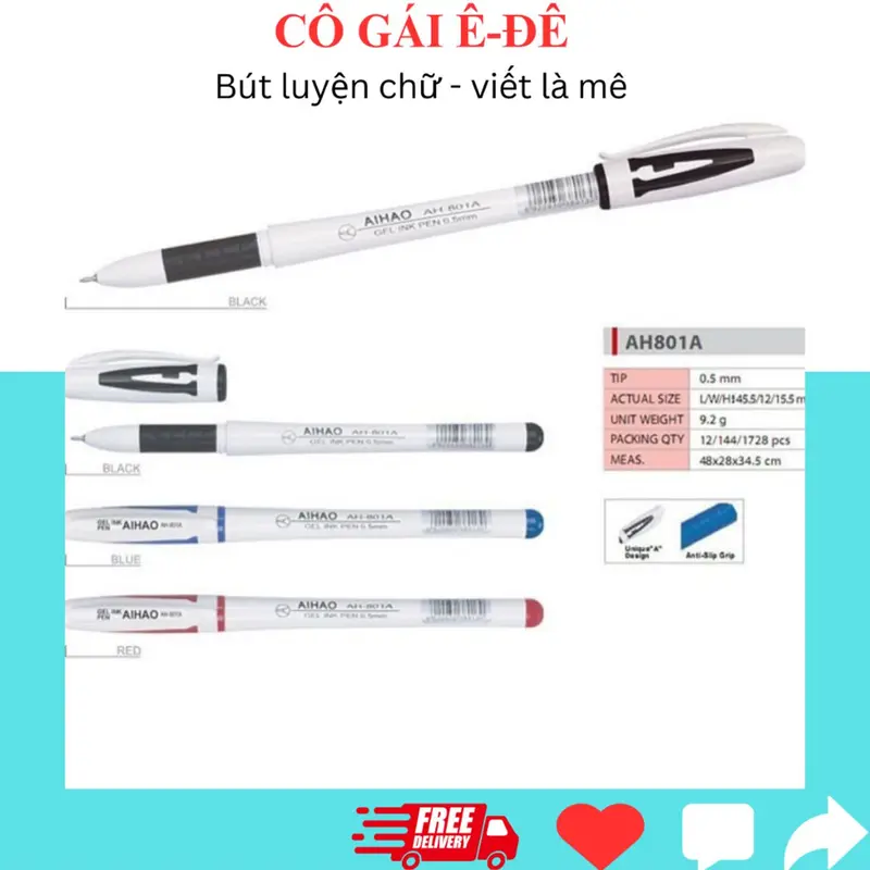 Hộp 12 bút gel chữ A Aihao mực Xanh/Tím ngòi 0.5mm phù hợp cho học sinh tiểu học, bút gel văn phòng, bút học sinh 8