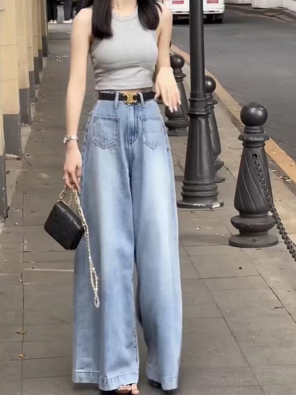 Product Introduction of Tiktok Shop-Large Size Super Wide Leg Denim Culotte Women's Summer New Loose High Waist Slimming Design Light Color Bell-Bottoms Tide Jeans Lingerie Lady Pants Trouser Streetwear Basic Minimalist Comfort 4