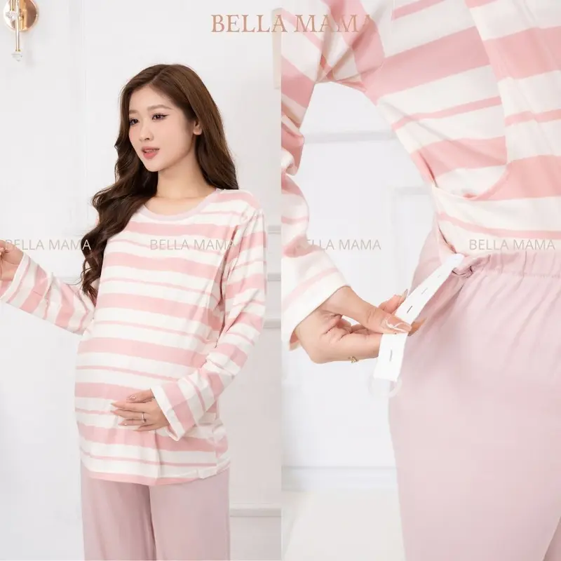 Bộ Bầu Mặc Nhà Cotton Đồ Bầu Sau Sinh Mở 2 Bên Cho Con Bú Và Quần Chun Chỉnh Bụng, Dài Tay Bella Mama - BN11 3