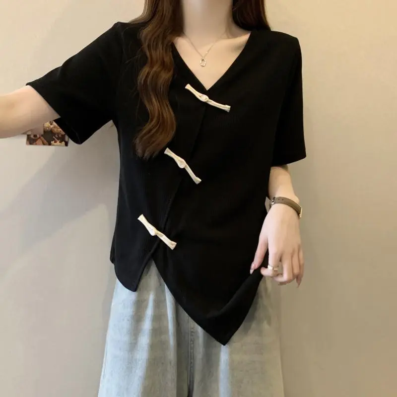 Summer 150.00kg plus Size National Style Retro Buckle Irregular V-neck Loose Leisure All-Matching Short Sleeve Top for Women