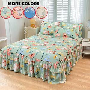Juego de falda de cama con estampado floral y borde con volantes, 2/3 piezas incluyendo 1 falda de cama y 1/2 fundas de almohada sin relleno, Juego de ropa de cama suave, cómodo y transpirable para el hogar, dormitorio y hotel