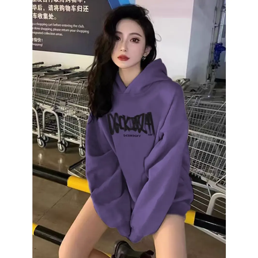 Áo khoác Hoodie Mỹ, màu tím, dành cho nữ, thích hợp cho mùa thu / đông, lót lông cừu, dày và rộng rãi, phong cách Thường Ngày Áo nhỏ nhắn hợp Xu hướng Bán Chạy