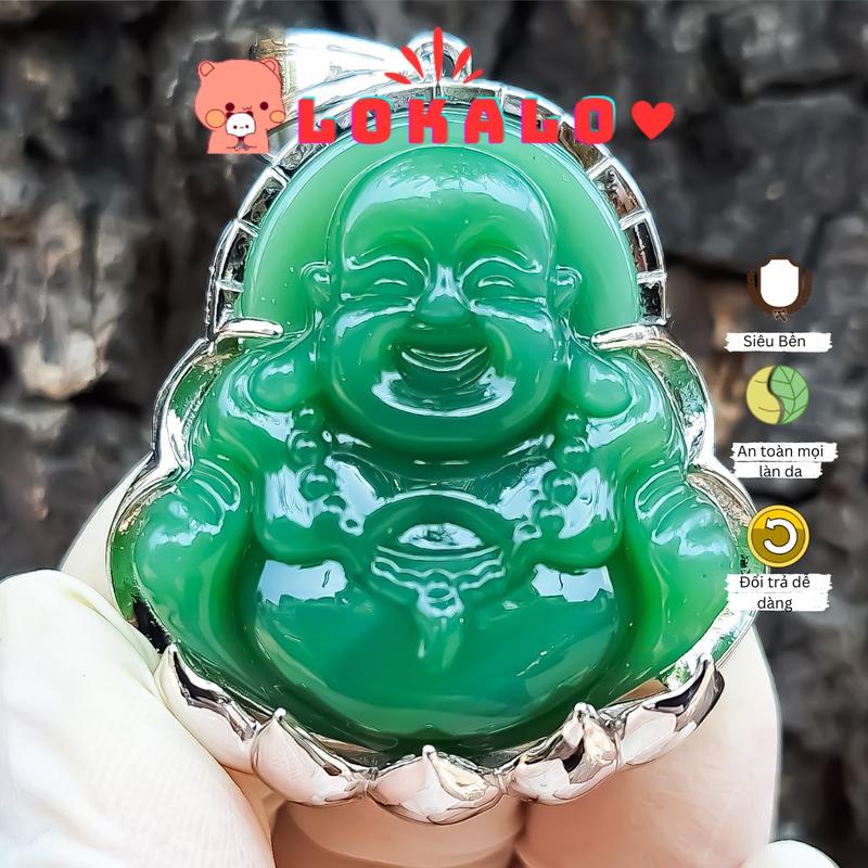 Mặt dây chuyền phật di lặc Khung trắng đá xanh đeo phong thủy may mắn Lokalo 5.04.24