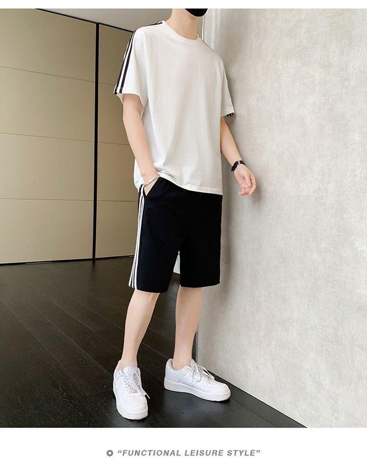 Product Introduction of Summer Men's Fashion Set Trendy Full Set Casual Loose Stylish Shorts Set One Complete Set with Three Stripes Sports 13