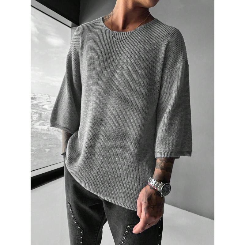 Men's Solid Color Round Neck Loose Fit Knitted Short Sleeve Top Knitwear Menswear Beige Crewneck Plain Tropical Knife Grey 0