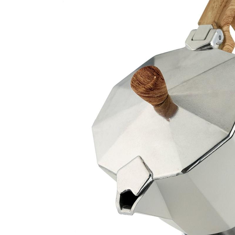 Product Introduction of Vintage Octagonal Aluminum Moka Pot 150ml/300ml Durable Brewing Coffee Pot Wood Pattern Handle Coffee Percolator Home 9