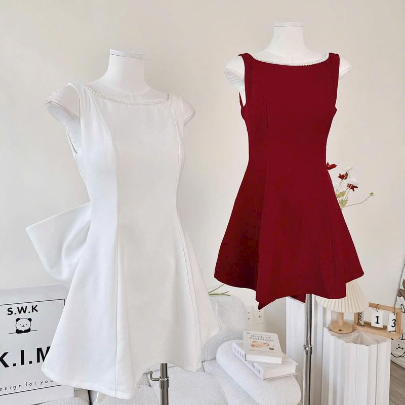 Product Introduction of ( Sam’s Clothing ) Đầm nữ hở lưng đính nơ to viền dây ngọc dáng ngắn xinh xắn Women 18