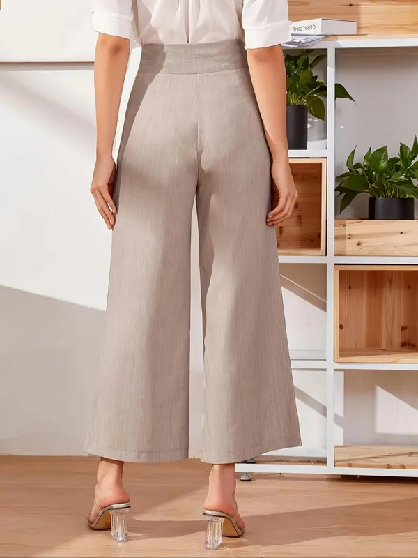 Women's Plain Pocket Button Straight Leg Cropped Pants, Elegant High Waist Wide Leg Trousers for Work Office Business, Ladies Bottoms for All Seasons 1