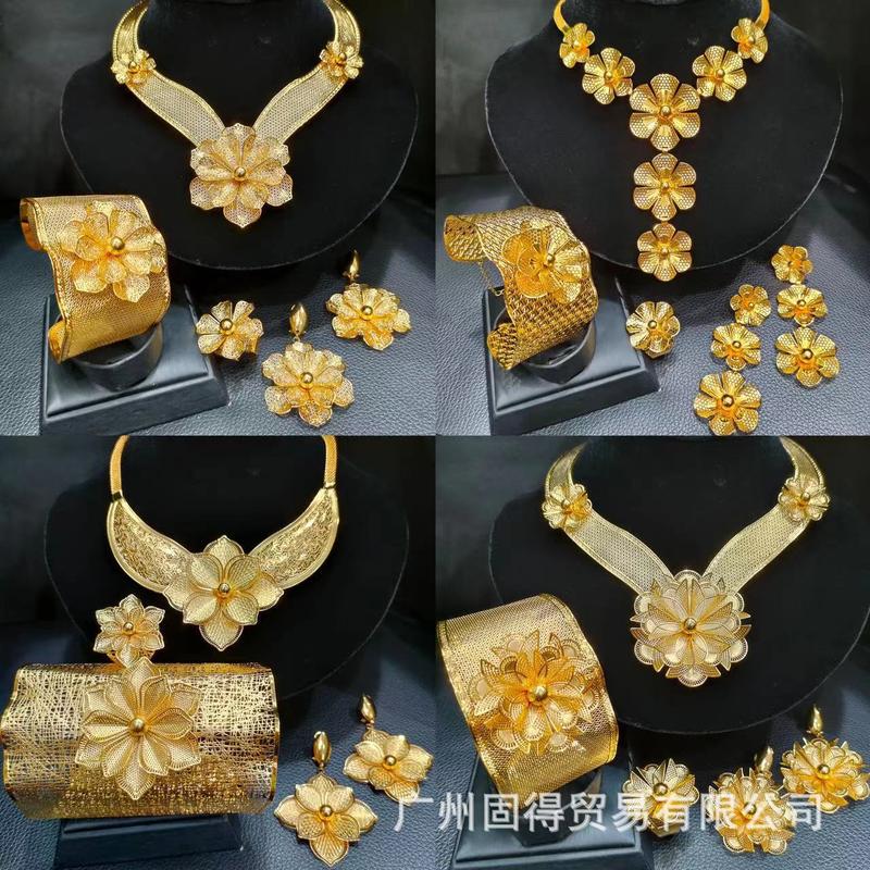 Đồ Trang Trí Dubai, Renewo, Vòng Tay Lớn, Bộ Trang Sức Hoa, Bộ Bốn Mảnh, Phong Cách Dân Tộc, Đồ Trang Sức Cô Dâu, Đồ Trang Trí Mạ Vàng Cát, 24K 0