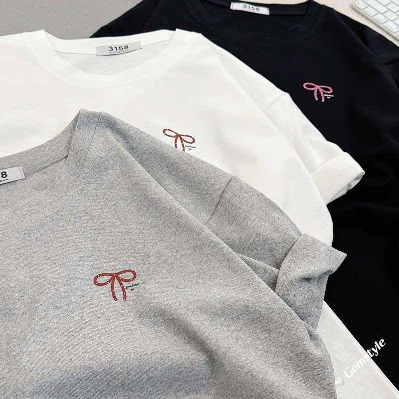 Áo thun 3158 NƠ Ribbon mới,chất cotton khô thoáng mát, form rộng basic dễ mix đồ dưới < 60kg