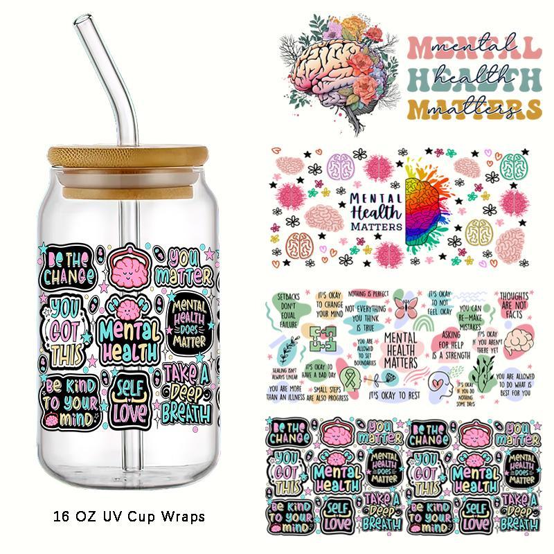Mental Health Design Cup Wrap Transfer Sticker, 4 Counts/set Drinking Wraps Sticker For 16 OZ Libby Glass, Decor Sticker For Coffee Milky Cup Glass Bottle 1