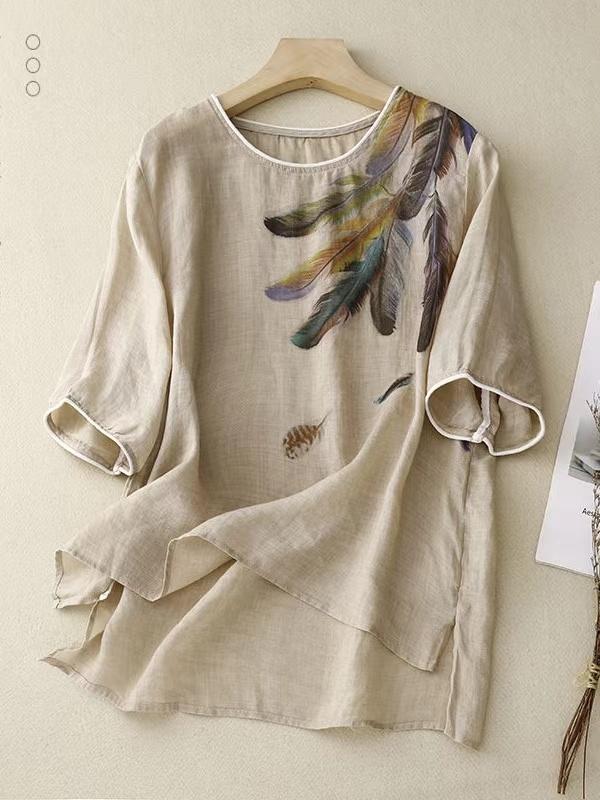 Product Introduction of Cotton and linen top retro art floral print summer New loose round neck breathable versatile thin short sleeve t-shirt 0
