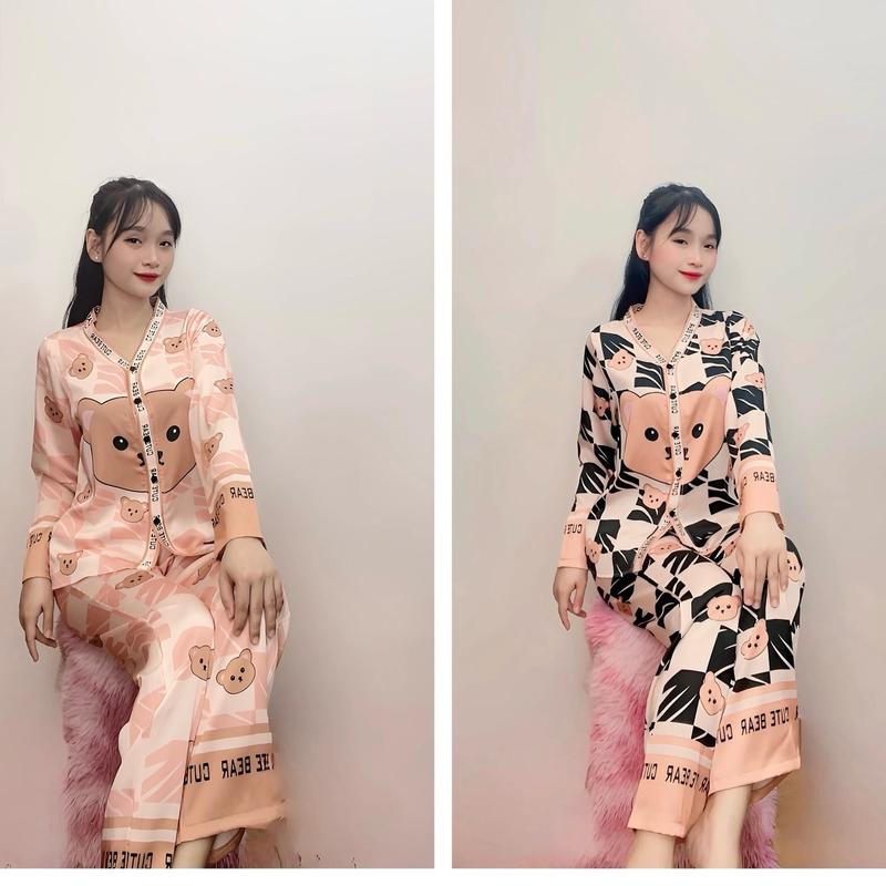 Bộ cổ Y(42_65kg)TD in gấu lụa Latin cao cấp in họa tiết cực xinh tay dài quần dài phối nẹp sang trọng - xưởng May Thanh Thảo Kem Nữ Kem Nữ Kem Nữ Kem Nữ Áo Ươme Lịch