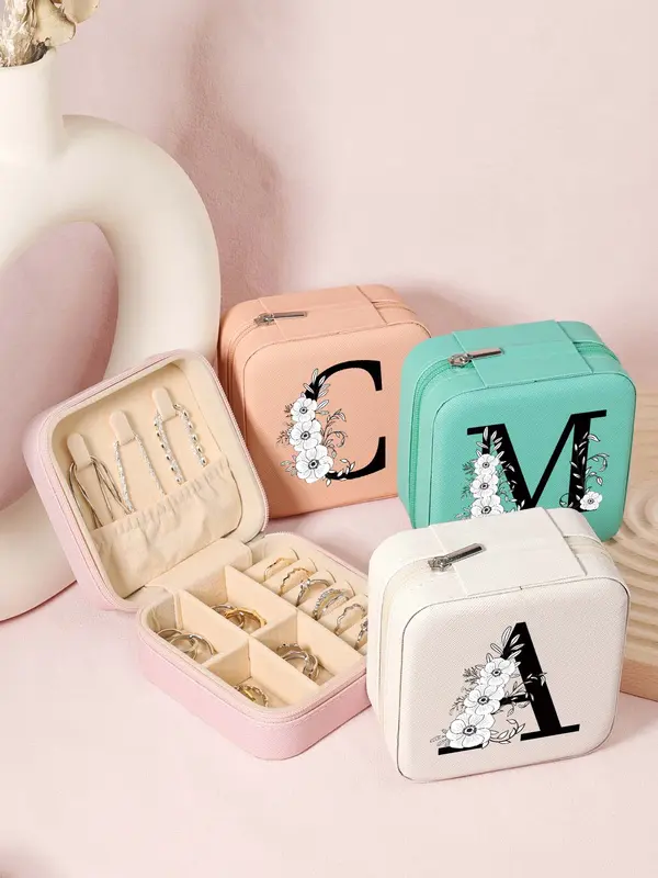 Letter Pattern Jewelry Box, Mini Zipper Jewelry Organizer, Travel Jewelry Storage Box for Rings, Necklaces, and Earrings 3
