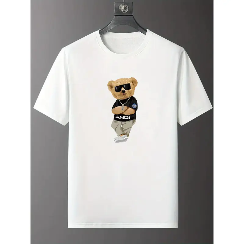 Kaos Penunjuk Arah Creative Cartoon Bear Graphic Print Crew Neck Short Sleeve T-shirt For Men, Breathable Comfy Summer Tops For Daily Wear Work Out And Vacation Resorts kaos  penunjuk 4