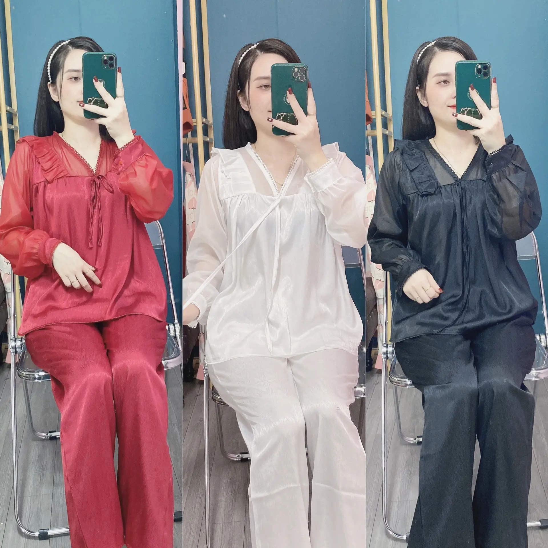 Set bộ tay dài quần dài lụa xước bèo trơn cổ tim phối tơ 40-60kg mã HT68 Nữ Áo