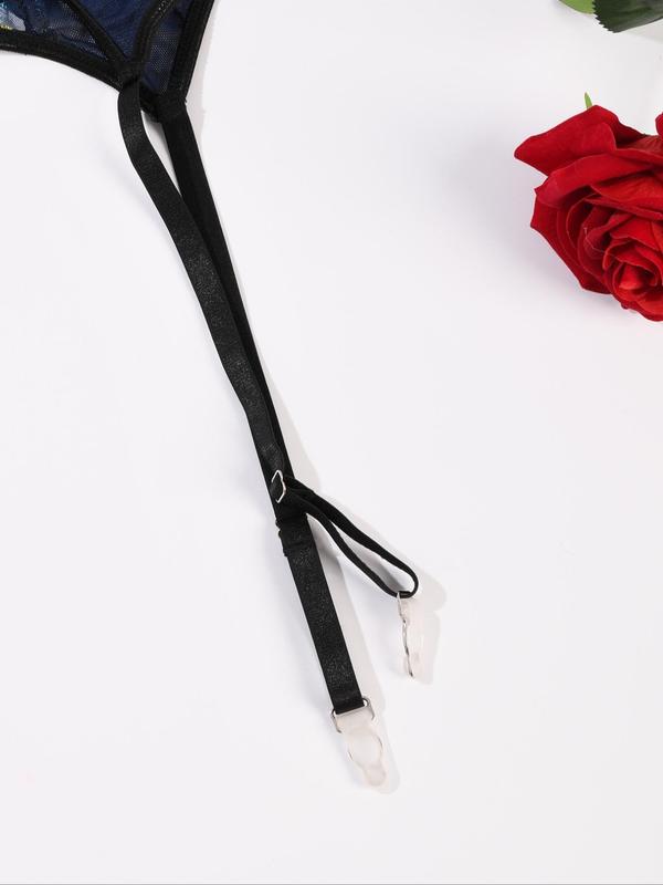 Plus Size Floral Embroidery Contrast Lace Push Up Bra & Bow Decor Panty & Garter Belt Set, Sexy Lingerie Set for Women, Women's Lingerie & Underwear 5