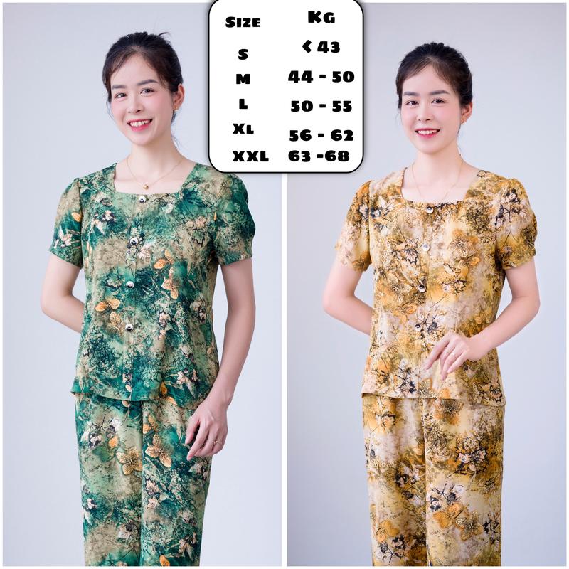 A2 Đồ Bộ Trung Niên Dành Cho Mẹ Áo Cổ Vuông Quần Suông Lửng Ngang Gối Chất Vải Lụa Mịn Mềm Và Mát Nữ Women Top