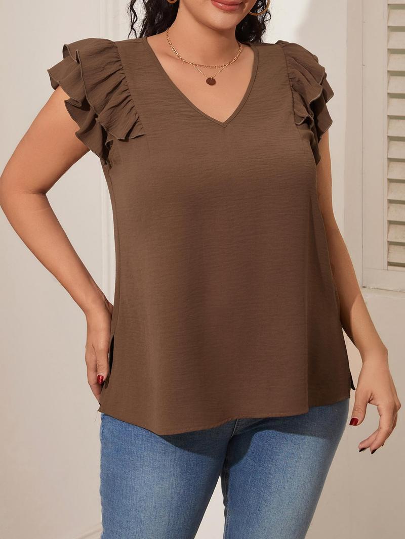 Product Introduction of CURVZY Plus Size Solid Ruffle Trim V Neck Blouse, Casual Top for Summer, Women's Plus Clothing for Daily Wear 14