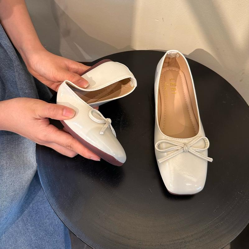 Form 1.5 Giày búp bê bệt mũi vuông đế cao su mềm chống trơn đính nơ nhẹ nhàng nữ tính Shoes Giày Bệt