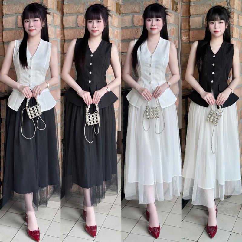 Bộ tiểu thư B9 áo gile linen gân đính núc kèm chân váy xoè hai lớp- đủ size S, M, L, XL - hoaiphuongshop hoaiphuongxuongmay - Nữ, Women