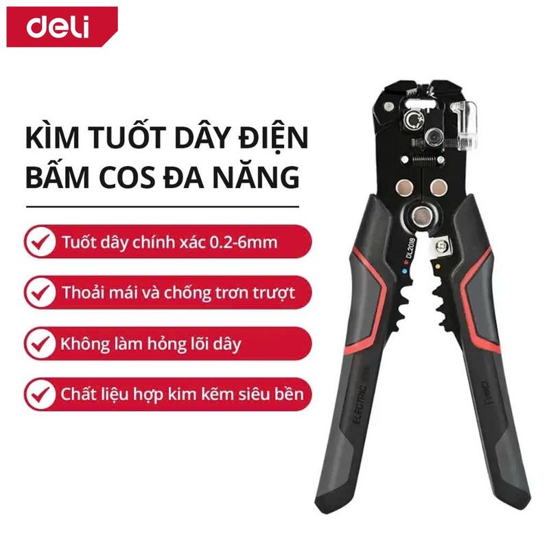 Kìm Tuốt Dây Điện Bấm Cos Đa Năng Deli - Chất Liệu Thép Cao Cấp