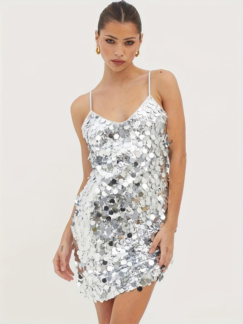 Product Introduction of Women's Glitter Sequins V Neck Cami Dress, Fashionable Sparkly Short Dress for Party Club Dating Wear, Ladies Summer Clothes 7