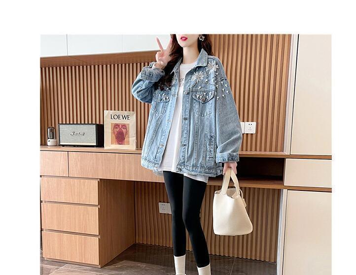 Product Introduction of 2024 Spring and Autumn New Design Heavy Rhinestone Denim Jacket for Women with Turn-down Collar Loose Korean Style Versatile Jacket Top 13